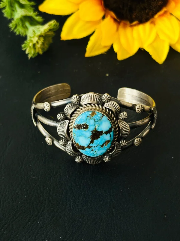 Cuff Bracelets with Magnetic Clasps for Easy WearRobert Shakey Birds Eye Kingman Turquoise & Sterling Silver Cuff Bracelet