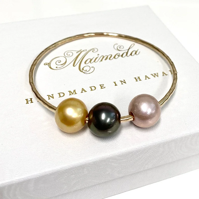 Bangle Bracelets with Birthstone AccentsBangle PAIGE - 11-12mm gold south sea , pink Edison and Tahitian pearl (B460)