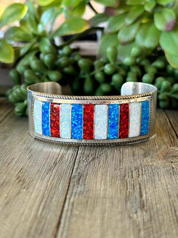 Cuff Bracelets with Engraved Initials for PersonalizationNavajo Made Opal (Man Made) & Sterling Silver Cuff Bracelet