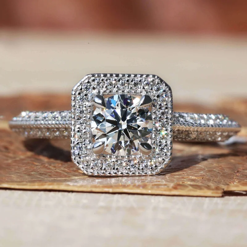 0.50 CT Round Diamond Ring, Vintage Style Lab Grown Diamond Halo Engagement Ring