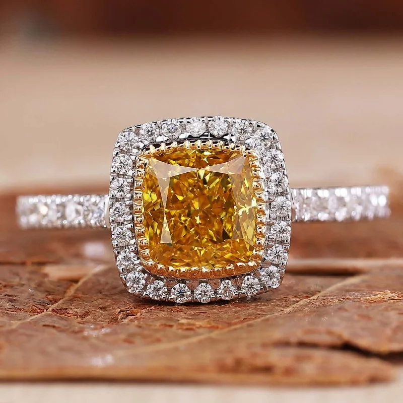 Rare 1.28 CT Cushion Cut Intense Yellow Lab Grown Diamond Halo Engagement Ring