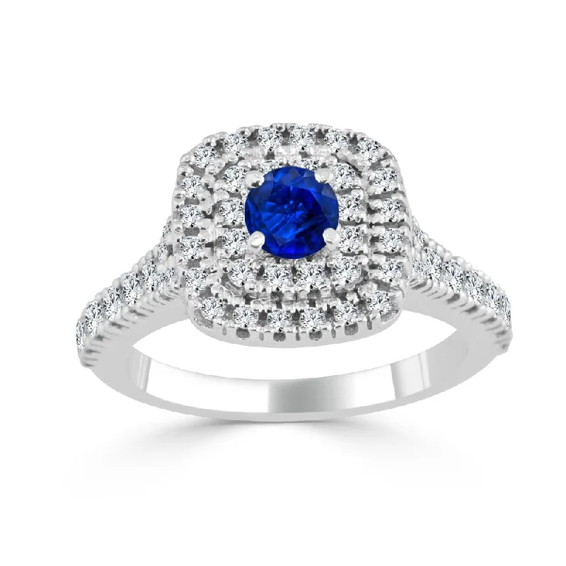 14k Gold 2/5ct Blue Sapphire and 3/5ct TDW Double Diamond Halo Engagement Ring by Auriya