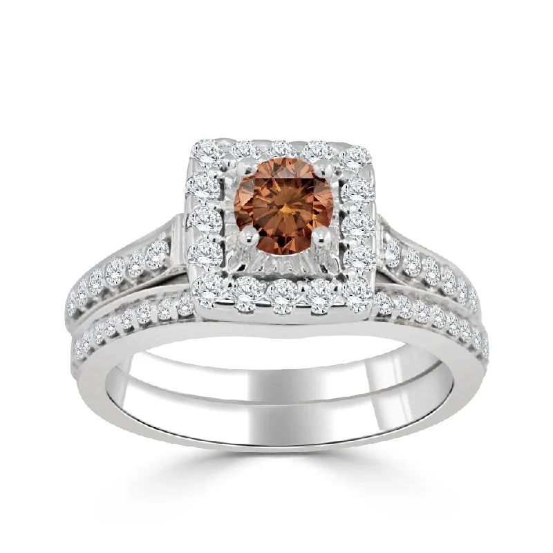 14k Gold Round 1ct TDW Brown Diamond Halo Engagement Ring Set by Auriya