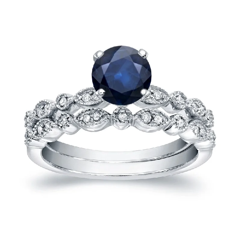 14k White Gold 3/5ct Sapphire and 1/6ct TDW Stackable Vintage Diamond Engagement Ring Set by Auriya