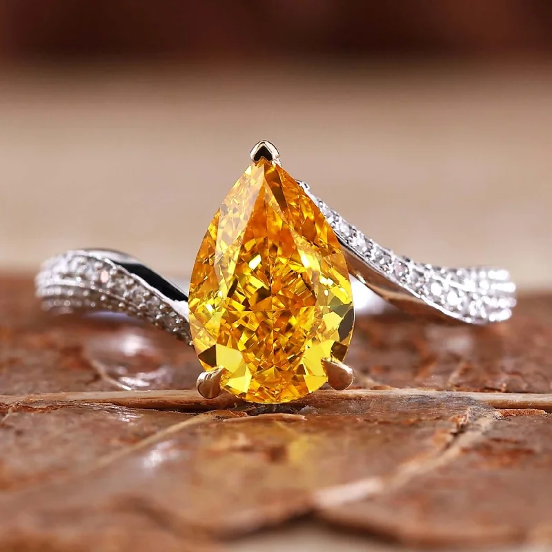 Yellow Pear Lab Grown Diamond Bypass Pave Engagement Ring