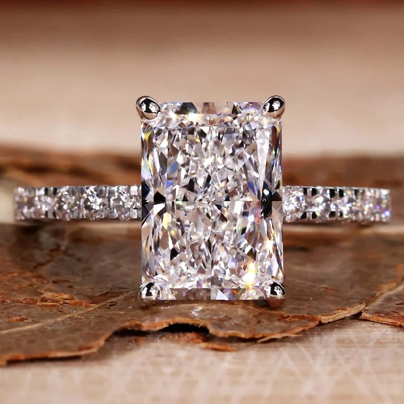 3.01 CT Radiant Cut Lab Grown Diamond Engagement Ring, Pave Set Ring