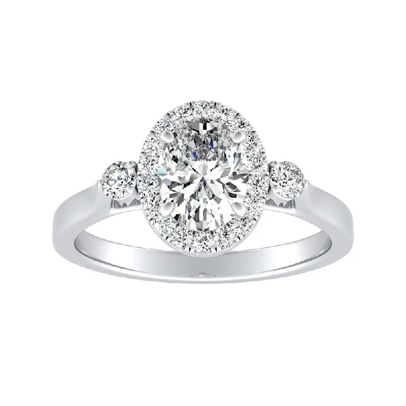 3-stone Halo Oval Diamond Engagement Ring 1/2ctw 18k Gold by Auriya (H-I, SI1-SI2)