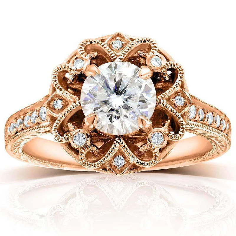 Antique Forever One (D-F) Moissanite Engagement Ring with Diamond 1 1/5 CTW 14k Rose Gold