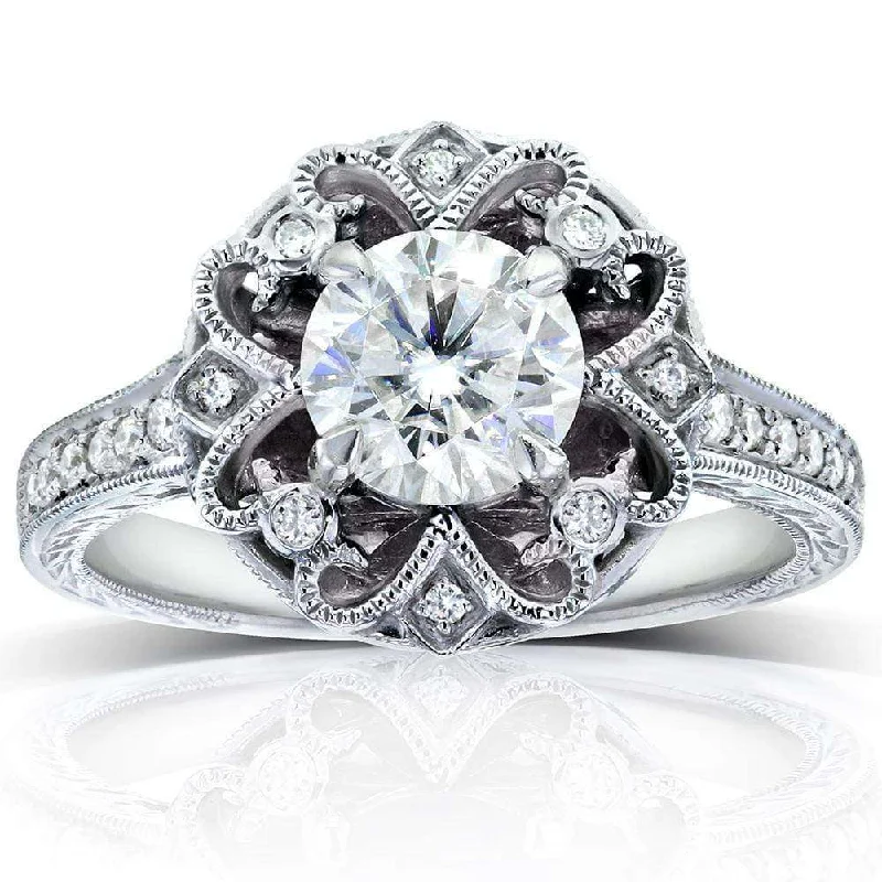 Antique Forever One (D-F) Moissanite Engagement Ring with Diamond 1 1/5 CTW 14k White Gold