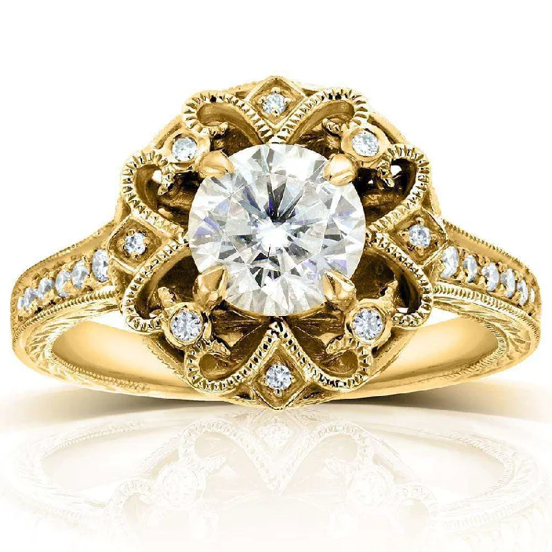 Antique Forever One (D-F) Moissanite Engagement Ring with Diamond 1 1/5 CTW 14k Yellow Gold