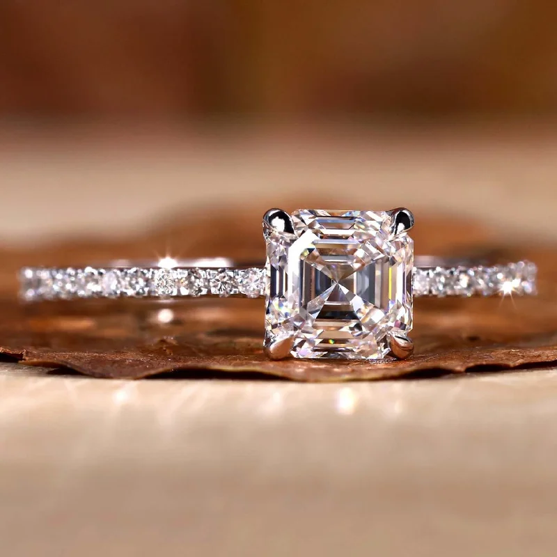 Asscher Cut Diamond Ring, Pave Engagement Ring