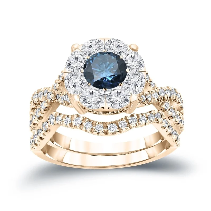 Auriya 1 1/5ctw Infinity Round Blue Halo Diamond Engagement Ring Set 14k Gold