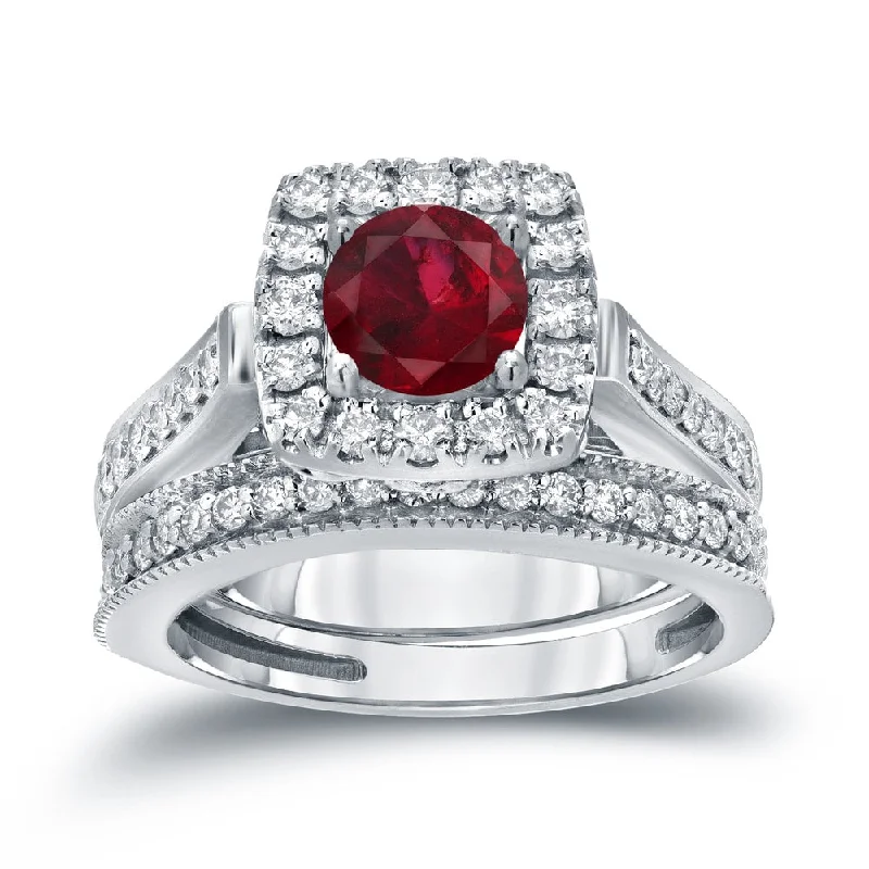 Auriya 1/3ct Red Ruby and 3/4ctw Halo Diamond Engagement Ring Set 14kt Gold