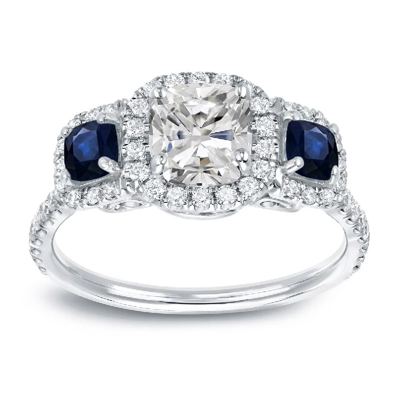 Auriya 14k Gold 1 1/2cttw Cushion-cut 3-Stone Diamond and Sapphire Engagement Ring (H-I, I1-I2)