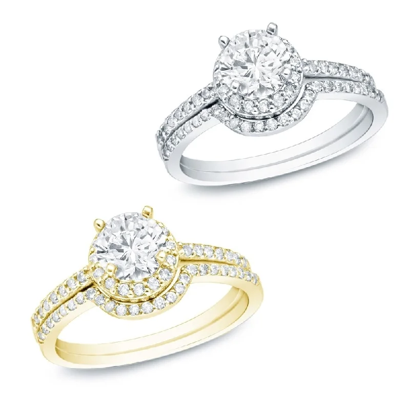 Auriya 14k Gold 1 carat TW Round Halo Diamond Engagement Ring Set