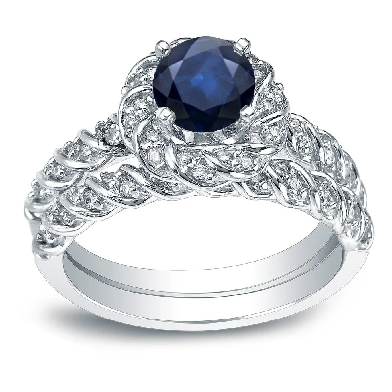 Auriya 14k Gold 1ct Blue Sapphire and 3/5ctw Twisted Halo Diamond Engagement Ring Set