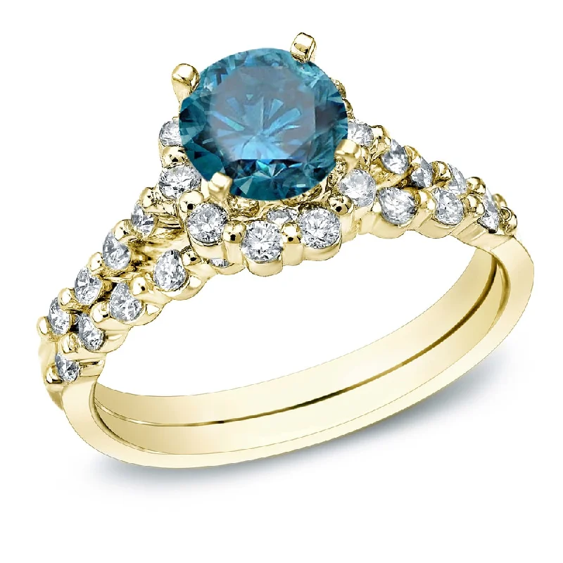 Auriya 14k Gold 1ct TDW Round Blue Diamond Halo Engagement Ring Set