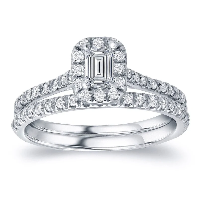 Auriya 14k Gold 1ctw Emerald-cut Halo Diamond Engagement Ring Set