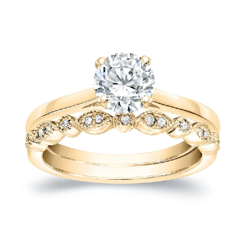 Auriya 14k Gold 1ctw Vintage Round Solitaire Diamond Engagement Ring Set