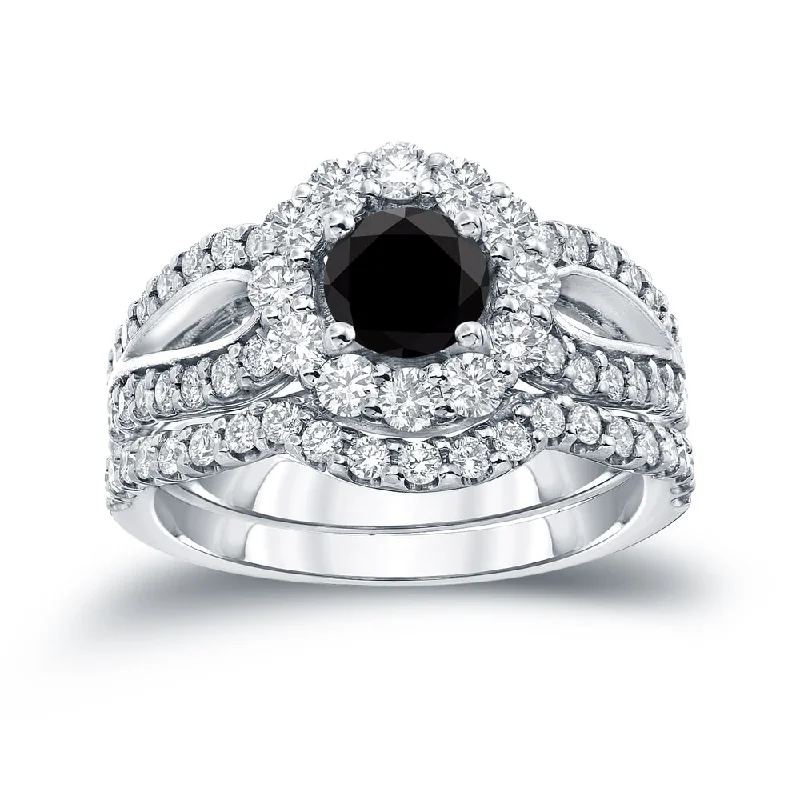 Auriya 14k Gold 2 1/3ctw Halo Black Diamond Engagement Ring Set