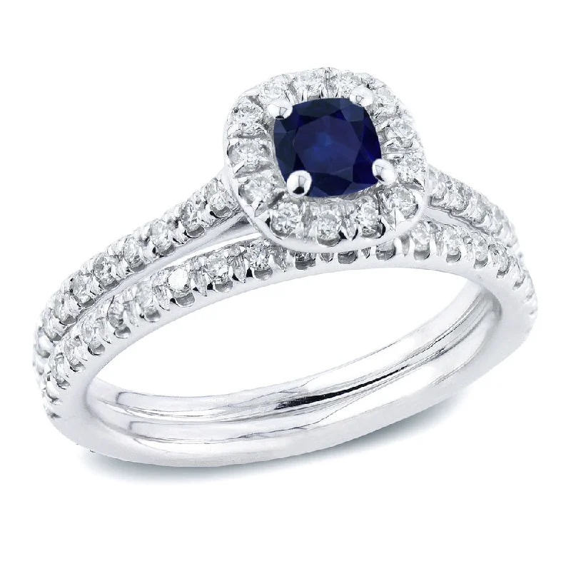 Auriya 14k Gold 2/5ct Cushion Cut Blue Sapphire and 3/5ctw Halo Diamond Engagement Ring Set