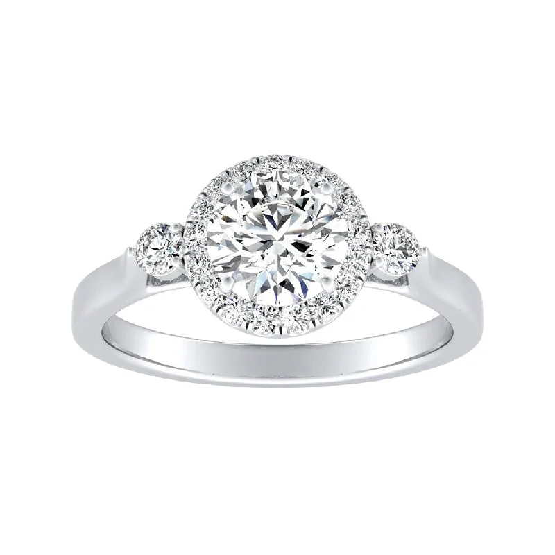 Auriya 14k Gold 3-Stone 4ct Round Moissanite and 1/4ct TDW Diamond Halo Engagement Ring