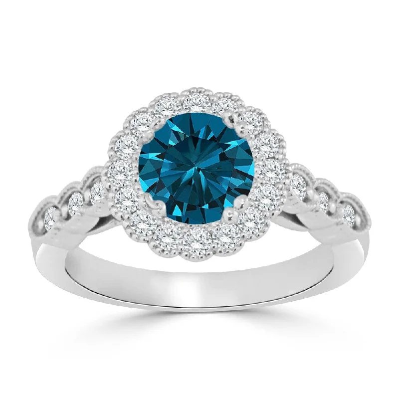 Auriya 14k Gold Vintage Inspired 1 1/2ct TDW Round Blue Diamond Floral Halo Engagement Ring