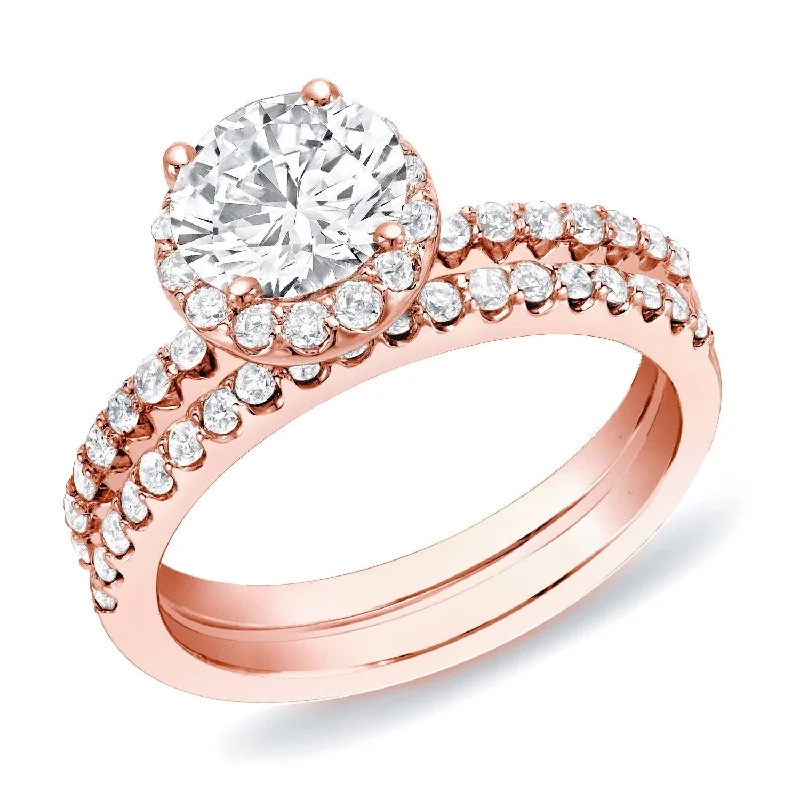 Auriya 14k Rose Gold 1 1/4ctw Round Diamond Halo Engagement Ring Set