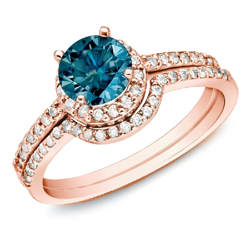 Auriya 14k Rose Gold 1ctw Round Blue Diamond Halo Engagement Ring Set