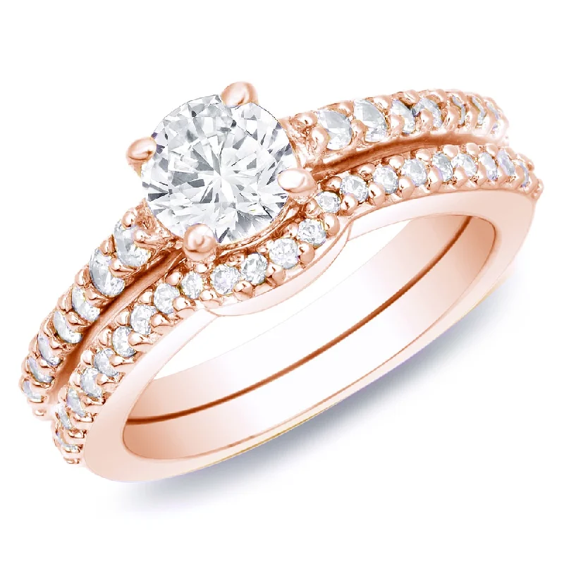 Auriya 14k Rose Gold 1ctw Round Diamond Engagement Ring Set