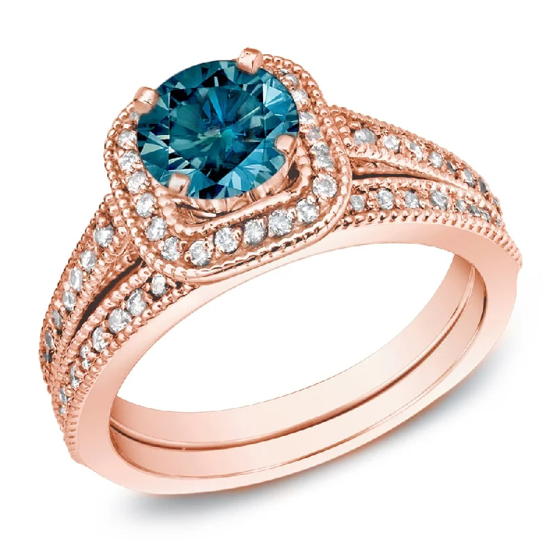 Auriya 14k Rose Gold 1ctw Unique Blue Diamond Halo Engagement Ring Set