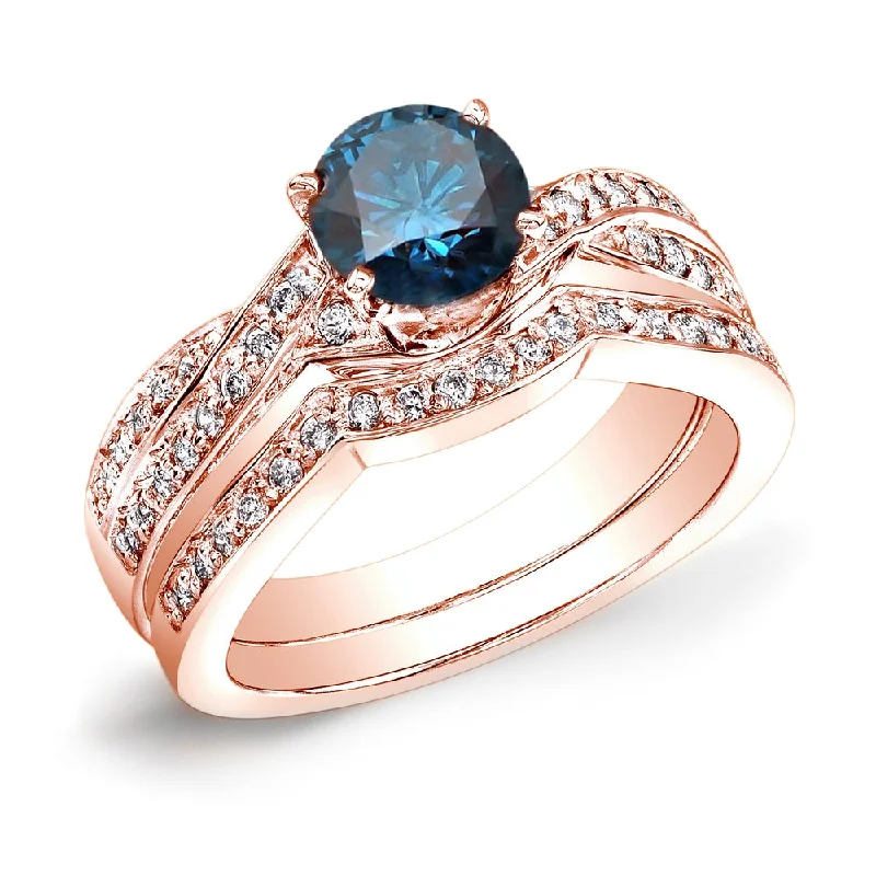 Auriya 14k Rose Gold 3/4ctw Twisted Round Blue Diamond Engagement Ring Set