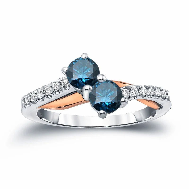 Auriya 14k Two-Tone Gold 1ct TDW Round 2-Stone Blue Diamond Engagement Ring