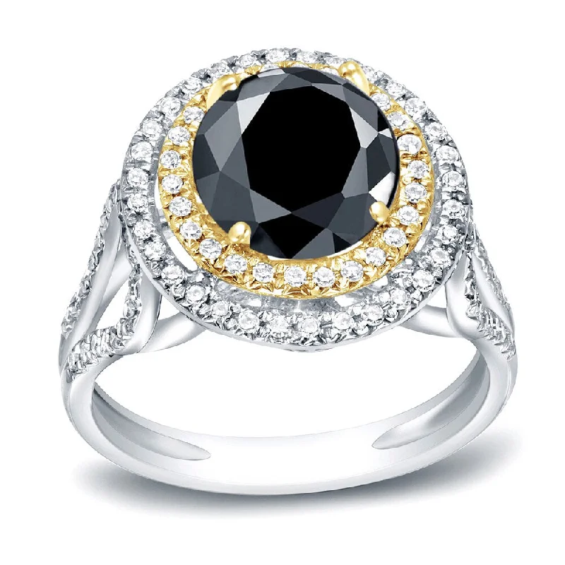 Auriya 14k Two-tone Gold 2 1/4ctw Double Halo Black Diamond Engagement Ring (H-I, SI1-SI2)