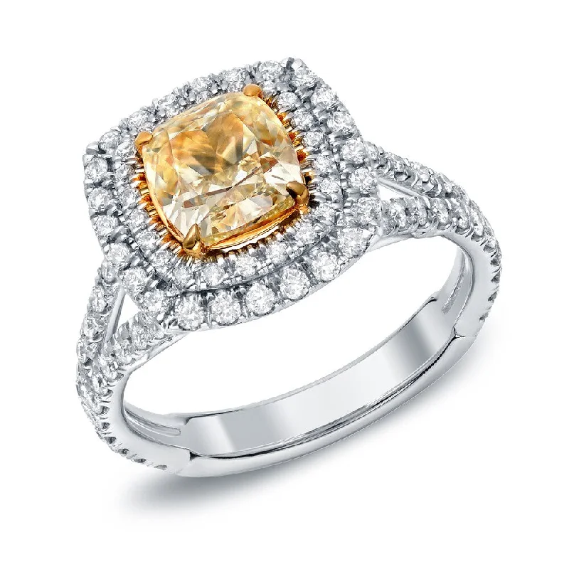 Auriya 2 1/2ctw Fancy Yellow Cushion-cut Halo Diamond Engagement Ring 18k Gold Certified