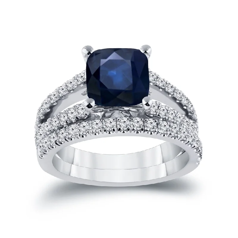 Auriya 2ct Cushion Cut Blue Sapphire and 3/4ctw Diamond Engagement Ring Set 14k Gold