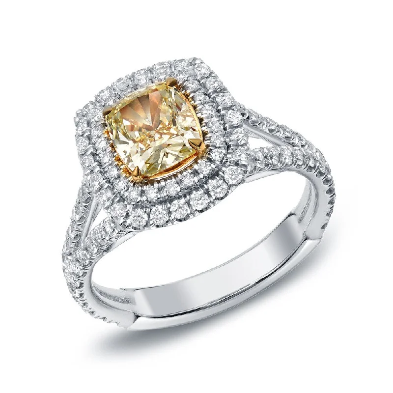 Auriya 2ctw Cushion-cut Fancy Yellow Diamond Engagement Ring 18k Gold Certified (F-G, VS2-SI1)