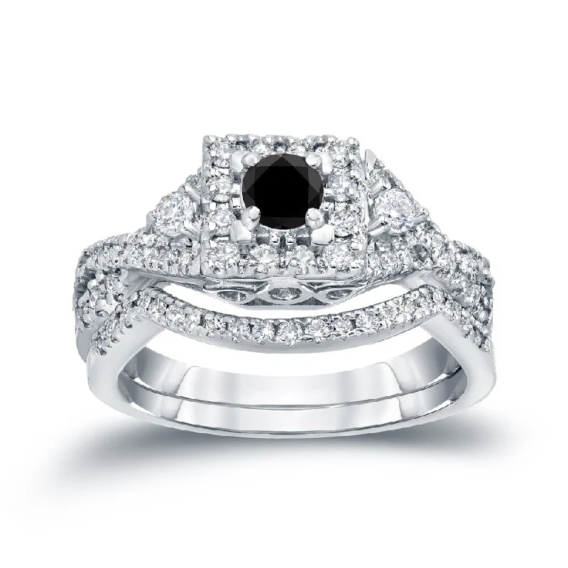 Auriya 3/4ctw Vintage Inspired Halo Black Diamond Engagement Ring Set 14k Gold