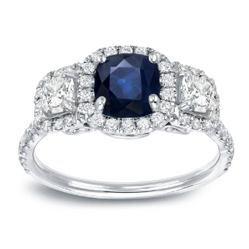 Auriya 3-Stone 1ct Blue Sapphire Cushion and 1ct TDW Diamond Engagement Ring 14k White Gold