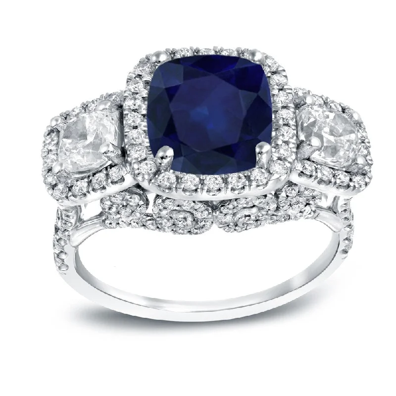 Auriya 3ct Blue Sapphire and 2ctw 3 Stone Halo Diamond Engagement Ring 18k White Gold