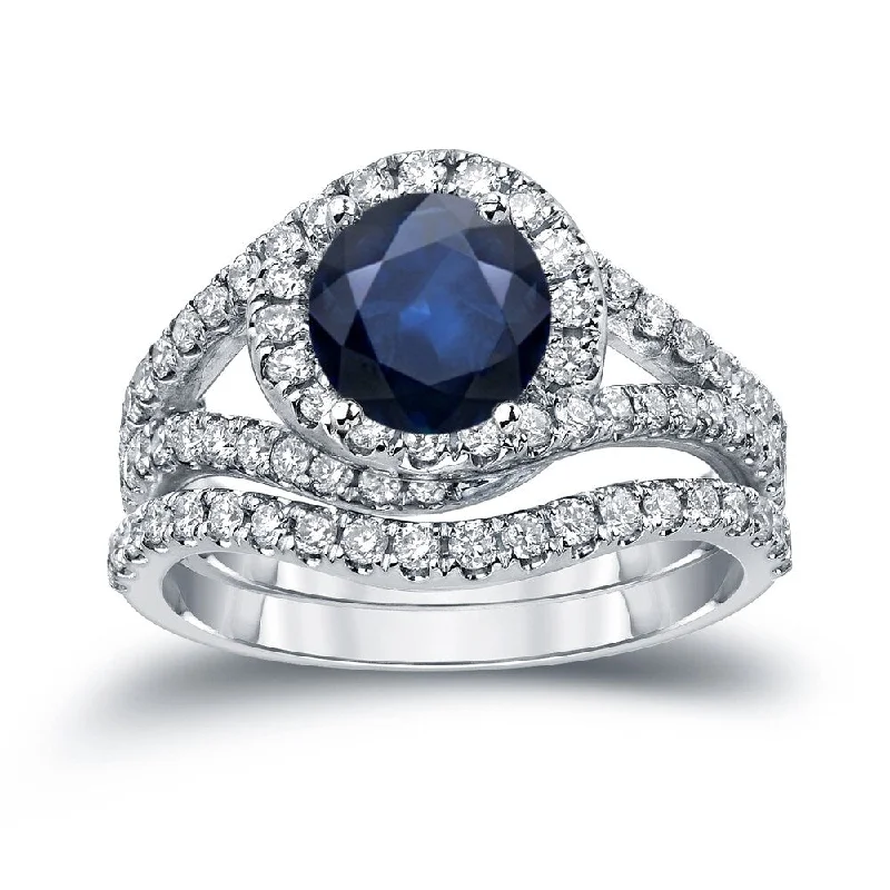 Auriya 7/8ct Blue Sapphire and 1ctw Halo Diamond Engagement Ring Set 14k Gold