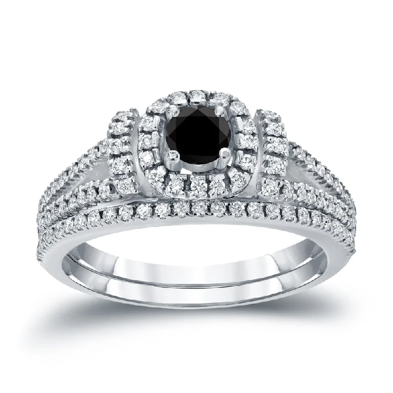 Auriya Modern 3/4ctw Round Halo Black Diamond Engagement Ring Set 14kt Gold