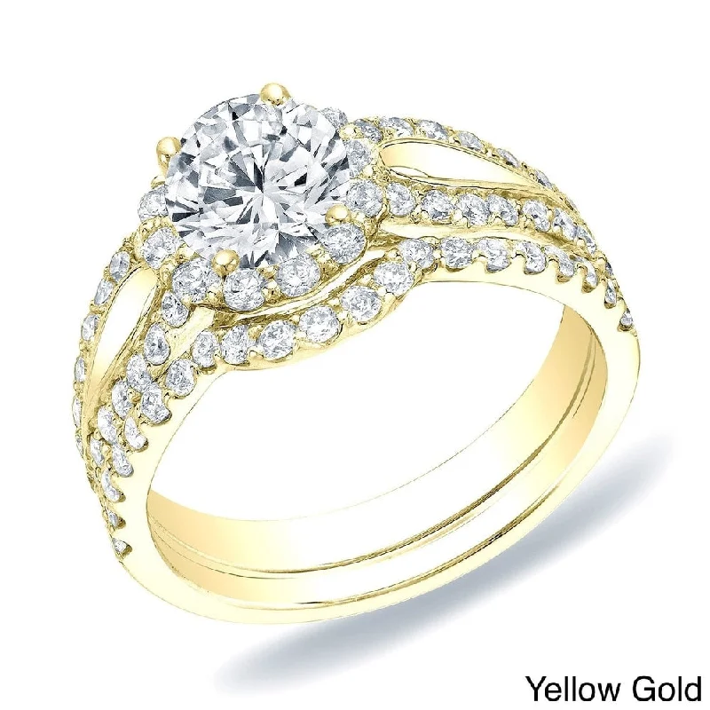 Auriya Modern Split 1 1/2ct TDW Round Diamond Halo Engagement Ring Set 14k Gold Certified