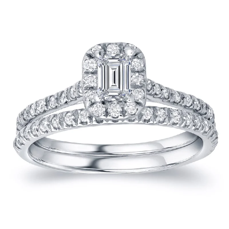 Auriya Platinum 1 carat TW Emerald-cut Halo Diamond Engagement Ring Set