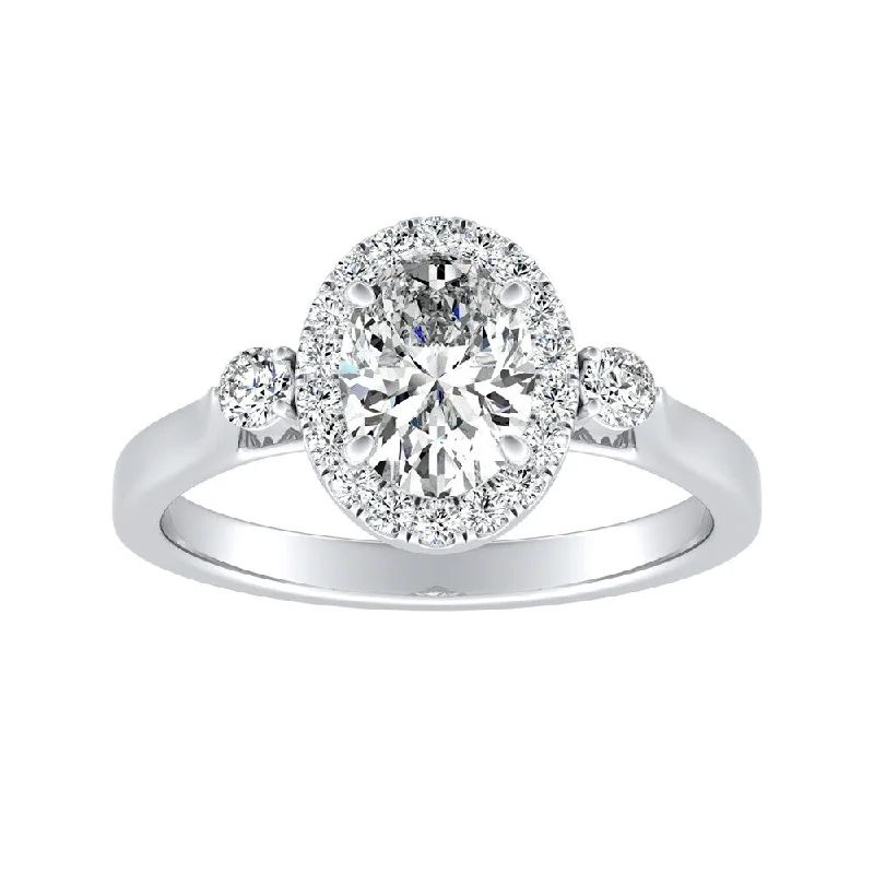 Auriya Platinum 3/4ctw Oval 3-stone Halo Diamond Engagement Ring