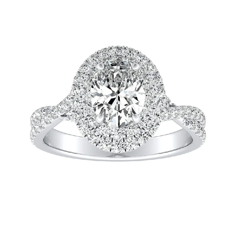 Auriya Platinum Twisted Oval Shape 1ctw Double Halo Diamond Engagement Ring (H-I, SI1-SI2)