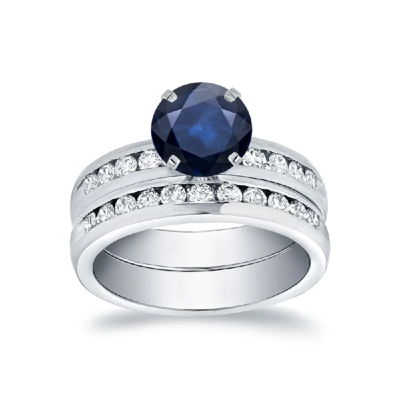 Auriya Round 3/4ct Sapphire and 3/4ct TDW Channel Set Diamond Engagement Ring Set 14k Gold