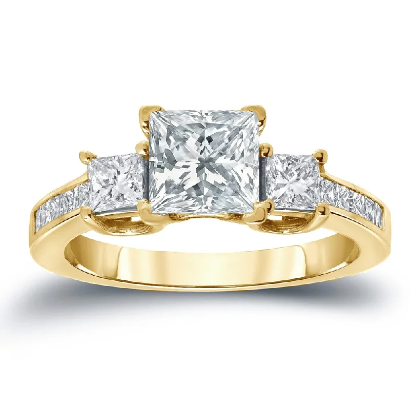 Auriya Three Stone 2ctw Princess-Cut Diamond Engagement Ring 14k Gold Certified