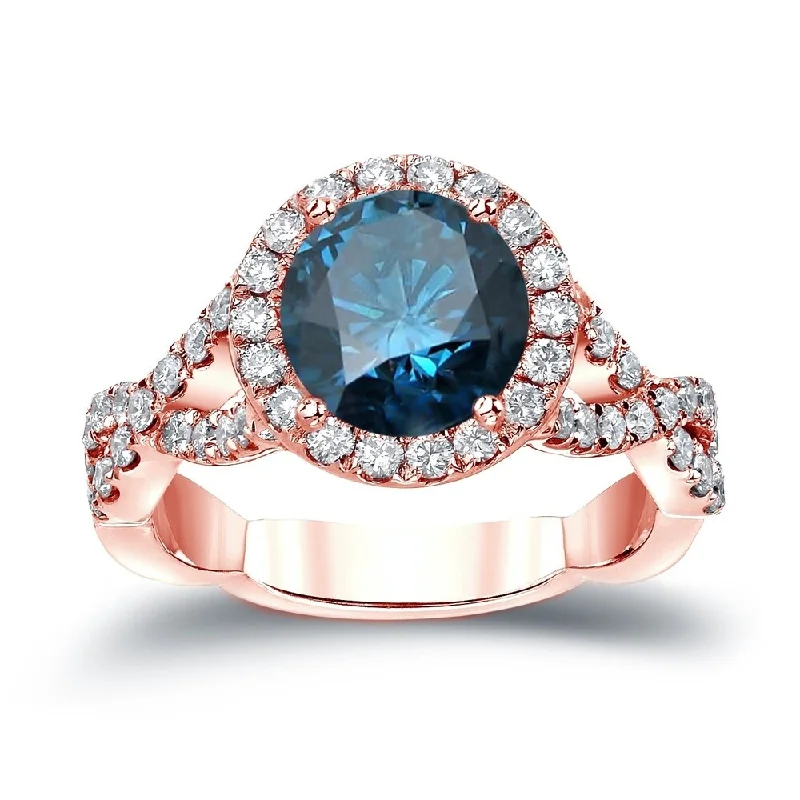 Auriya Twisted 2 3/4ctw Halo Blue Diamond Engagement Ring 14K Gold Split Shank