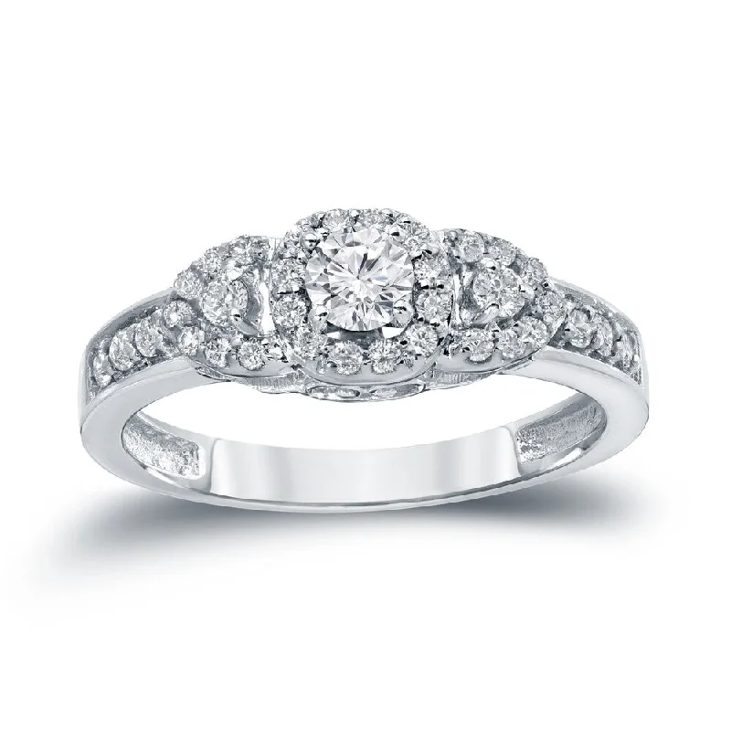 Auriya Unique 1/2ct TDW Round 3-Stone Diamond Halo Engagement Ring 14k Gold